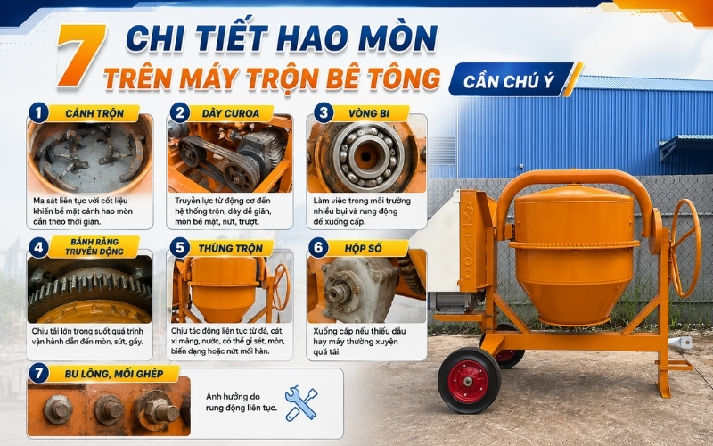 7 chi tiết hao mòn trên máy trộn bê tông cần chú ý